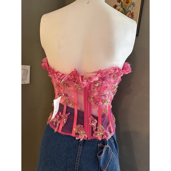 Spectacular Hot Pink CORSET EMBROIDERED Bead Sequin ! Small Fairy - Picture 2 of 6